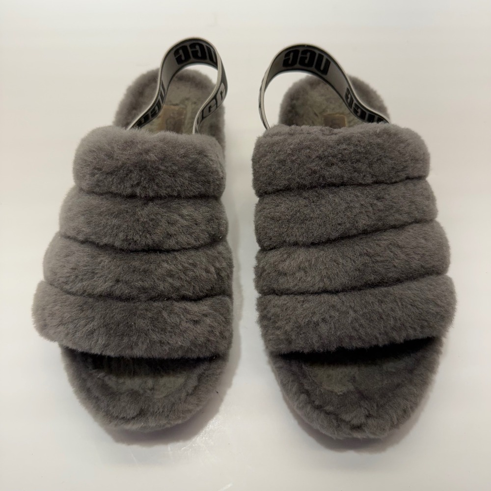 UGG Fluff Yeah Slide Charcoal Grey Sheepskin Platform Sandal Womens 9 1095119